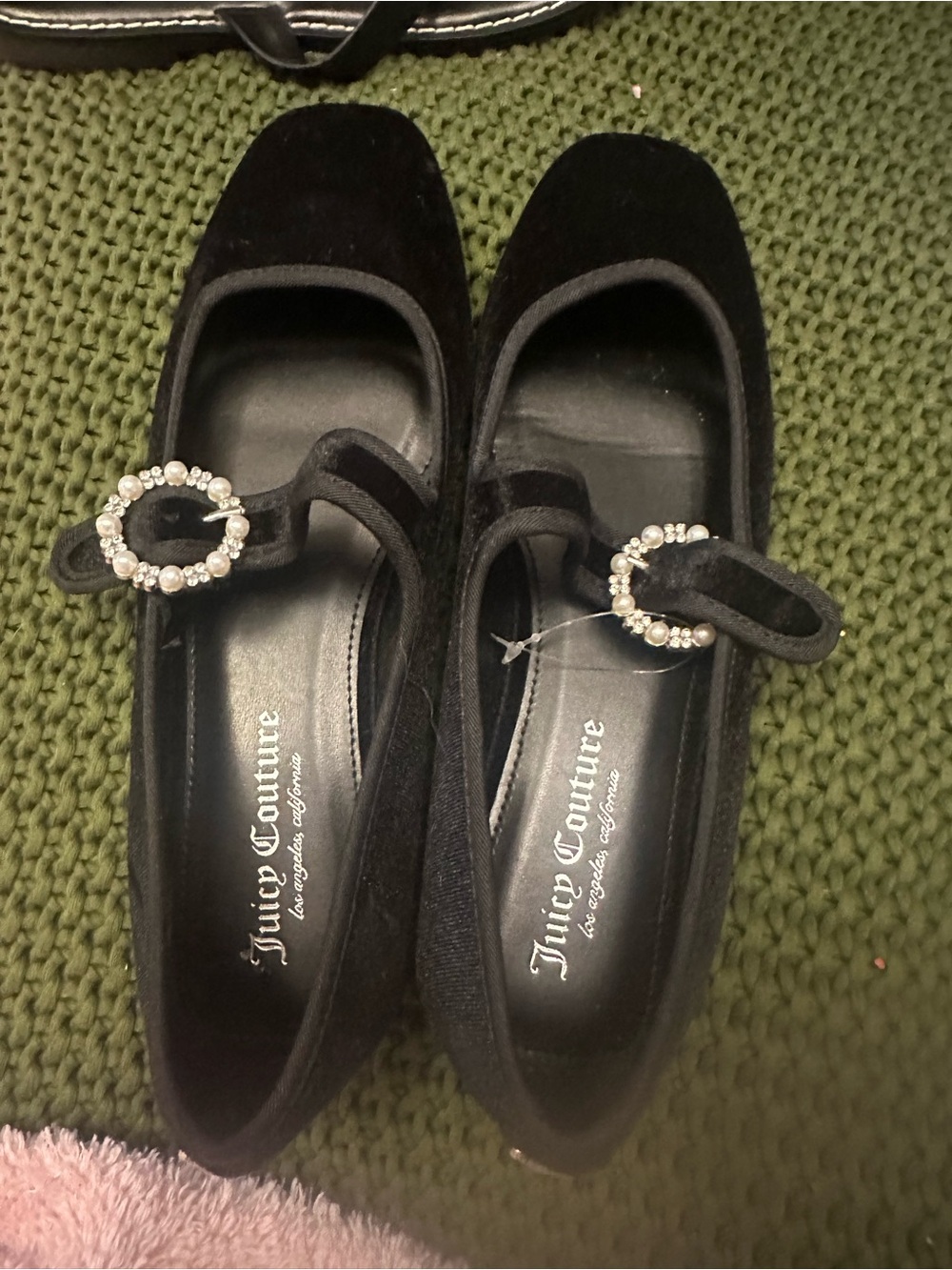 Juicy Couture Black Velvet Mary Jane Flats with Rhinestone Circle Buckles